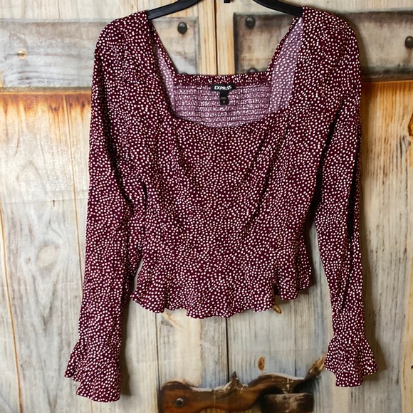 Express Tops - Express Long Sleeve Ruffle Polka Dot Cropped Blouse Smocked XS Burgundy NWOT